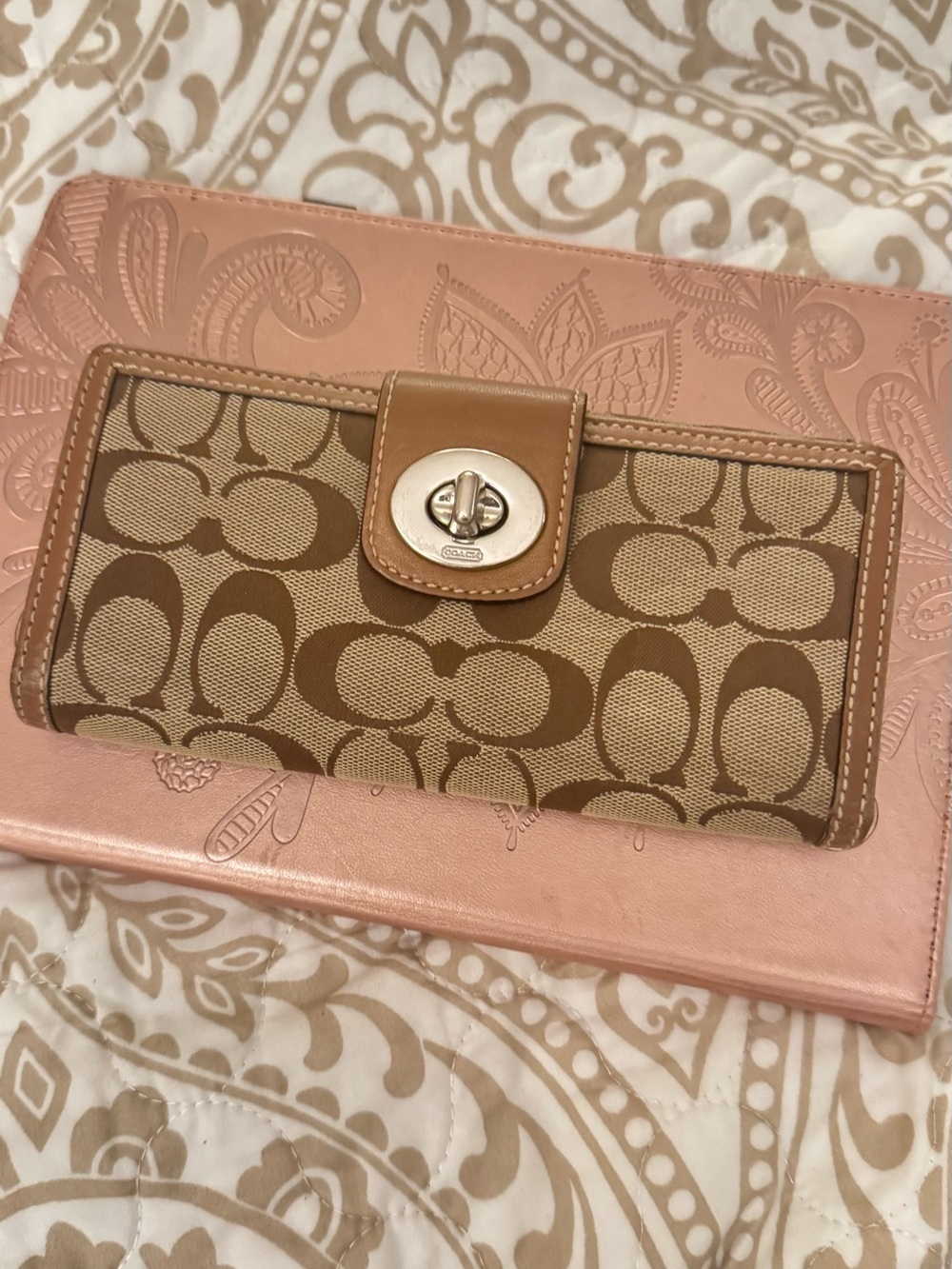 Coach Brown Signature Canvas Turnlock Wallet with Tan Leather Trim